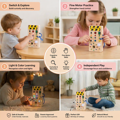 Montessori Wooden Sensory Board with Lights & Switches – Motor Skills Toy for Kids