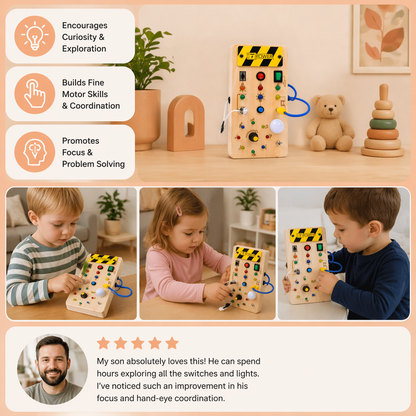 Montessori Wooden Sensory Board with Lights & Switches – Motor Skills Toy for Kids