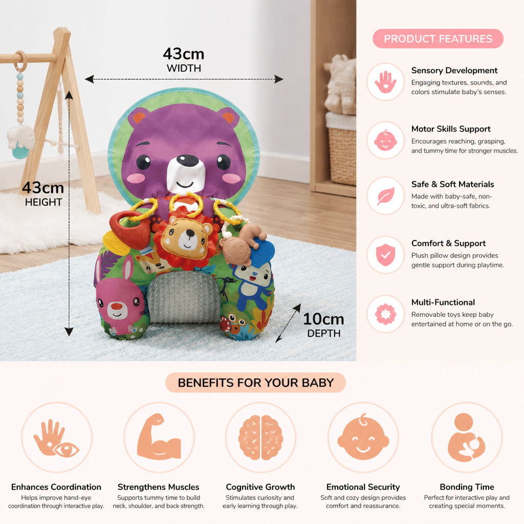 Baby Training Pillow for Tummy Time with Play Arch – Supports Sensory Development & Early Growth