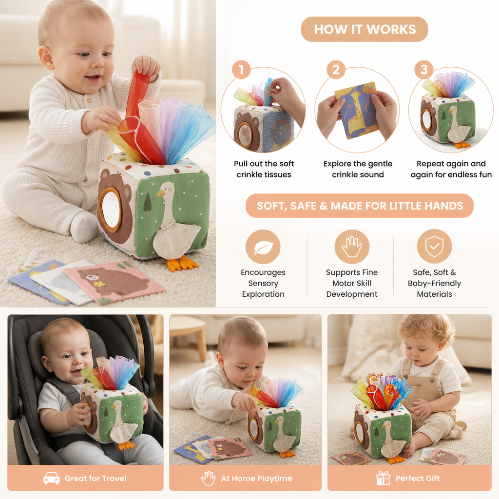 Montessori Baby Sensory Tissue Box – Soft Crinkle & Touch Activity Toy