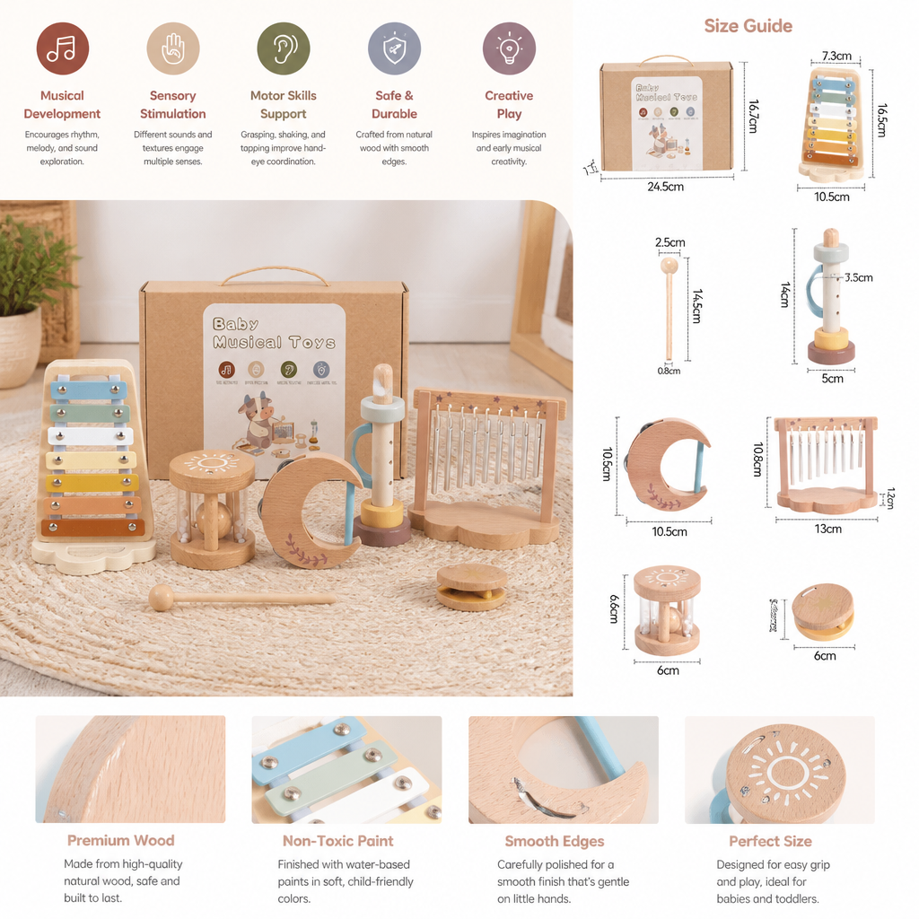 6-Piece Wooden Baby Musical Instrument Set – Sensory Sound & Music Toy