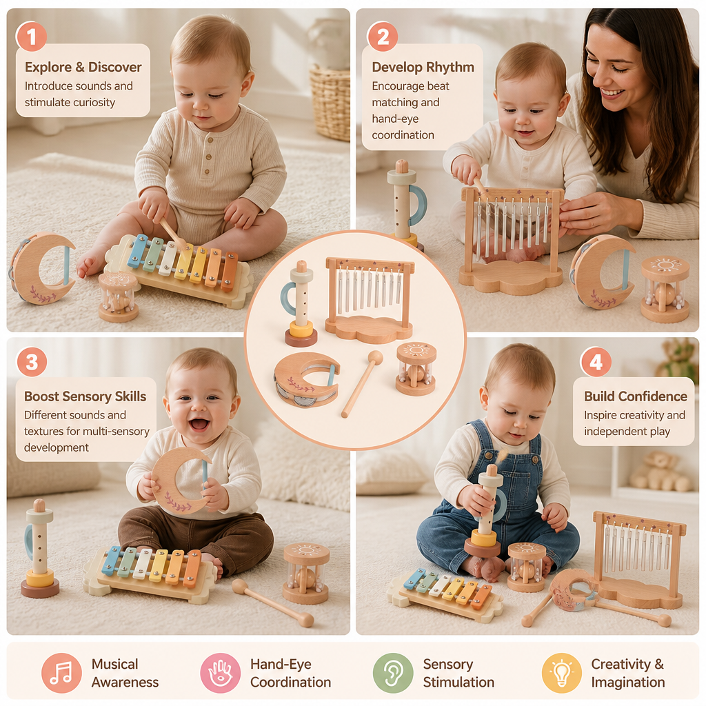 6-Piece Wooden Baby Musical Instrument Set – Sensory Sound & Music Toy