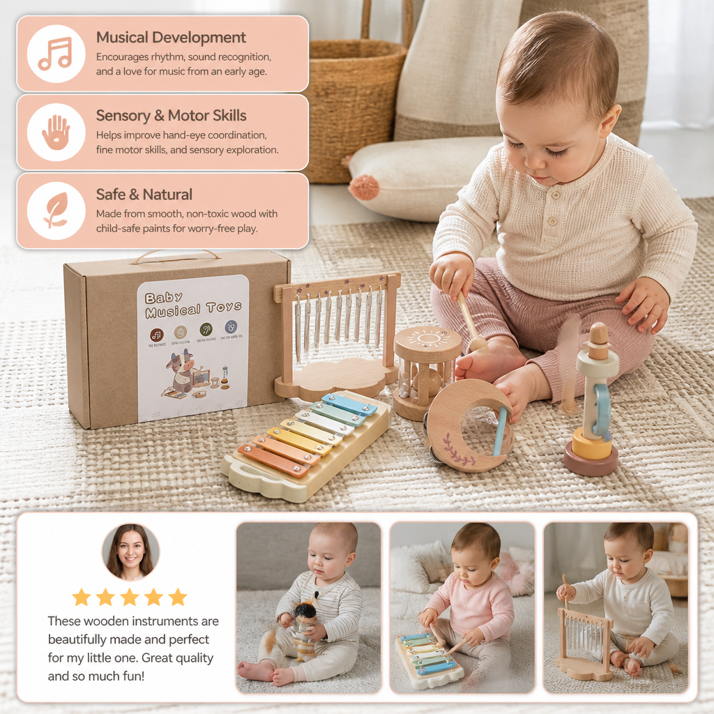 6-Piece Wooden Baby Musical Instrument Set – Sensory Sound & Music Toy