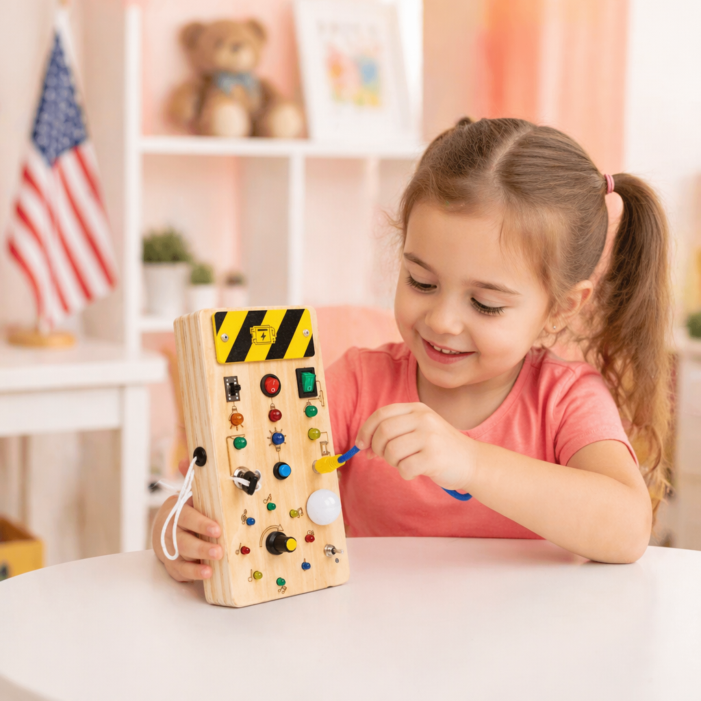 Montessori Wooden Sensory Board with Lights & Switches – Motor Skills Toy for Kids