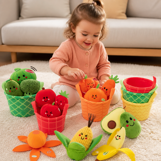 Soft Fruit & Vegetable Learning Toy for Babies – 4-Pack Color Sorting Set with Rattle and Crinkle Effect