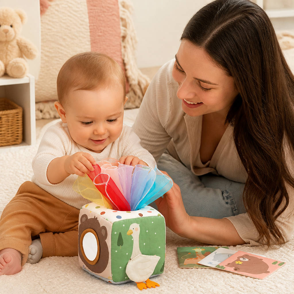Montessori Baby Sensory Tissue Box – Soft Crinkle & Touch Activity Toy