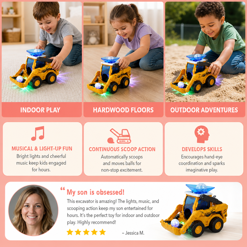 Musical Light-Up Excavator Toy with Continuous Ball Scooping Action