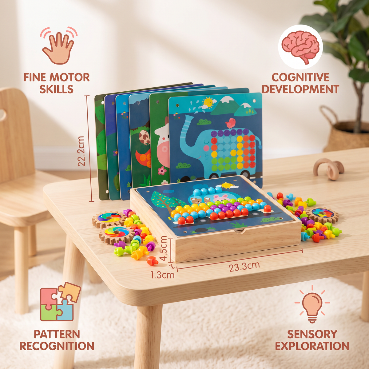 4-in-1 Montessori Wooden Sensory Travel Board with Gears & Colorful Pegs