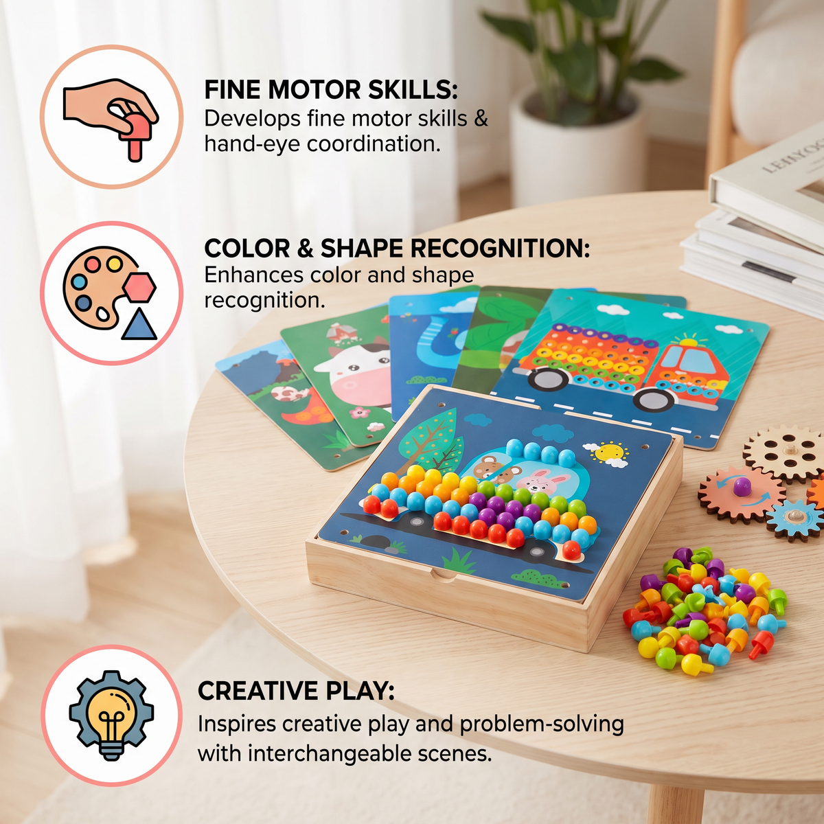 4-in-1 Montessori Wooden Sensory Travel Board with Gears & Colorful Pegs