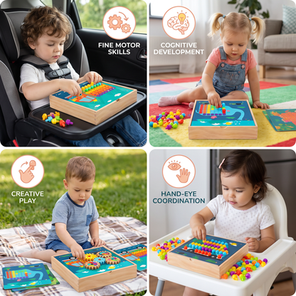4-in-1 Montessori Wooden Sensory Travel Board with Gears & Colorful Pegs