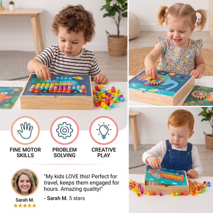 4-in-1 Montessori Wooden Sensory Travel Board with Gears & Colorful Pegs