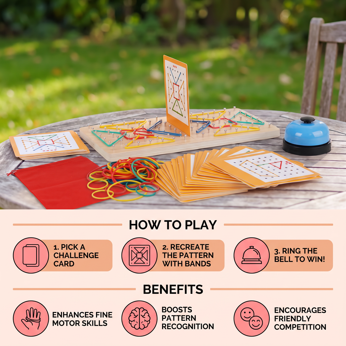 Montessori Wooden Geometry Battle Game with Colorful Rubber Bands