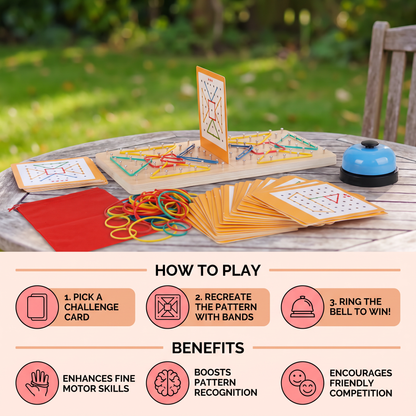 Montessori Wooden Geometry Battle Game with Colorful Rubber Bands