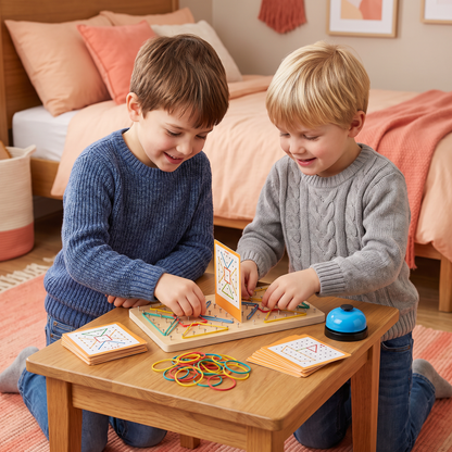 Montessori Wooden Geometry Battle Game with Colorful Rubber Bands