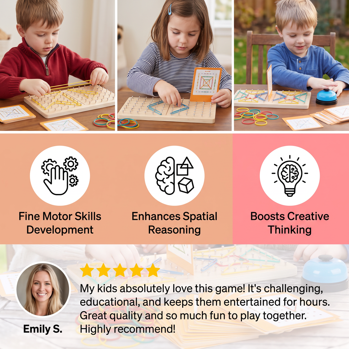 Montessori Wooden Geometry Battle Game with Colorful Rubber Bands