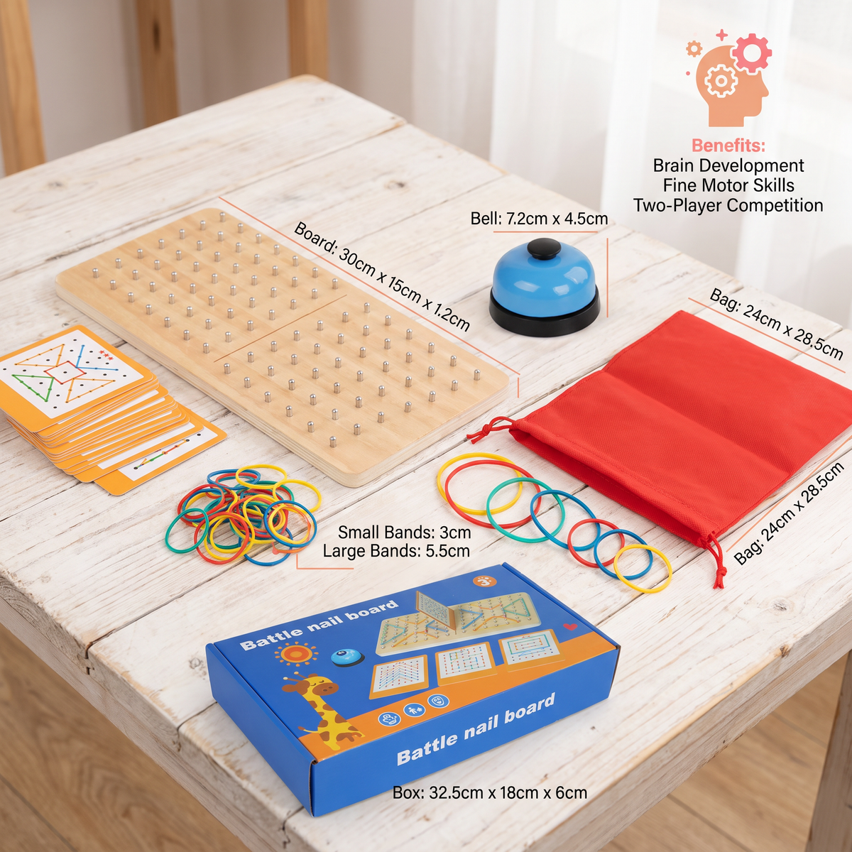 Montessori Wooden Geometry Battle Game with Colorful Rubber Bands