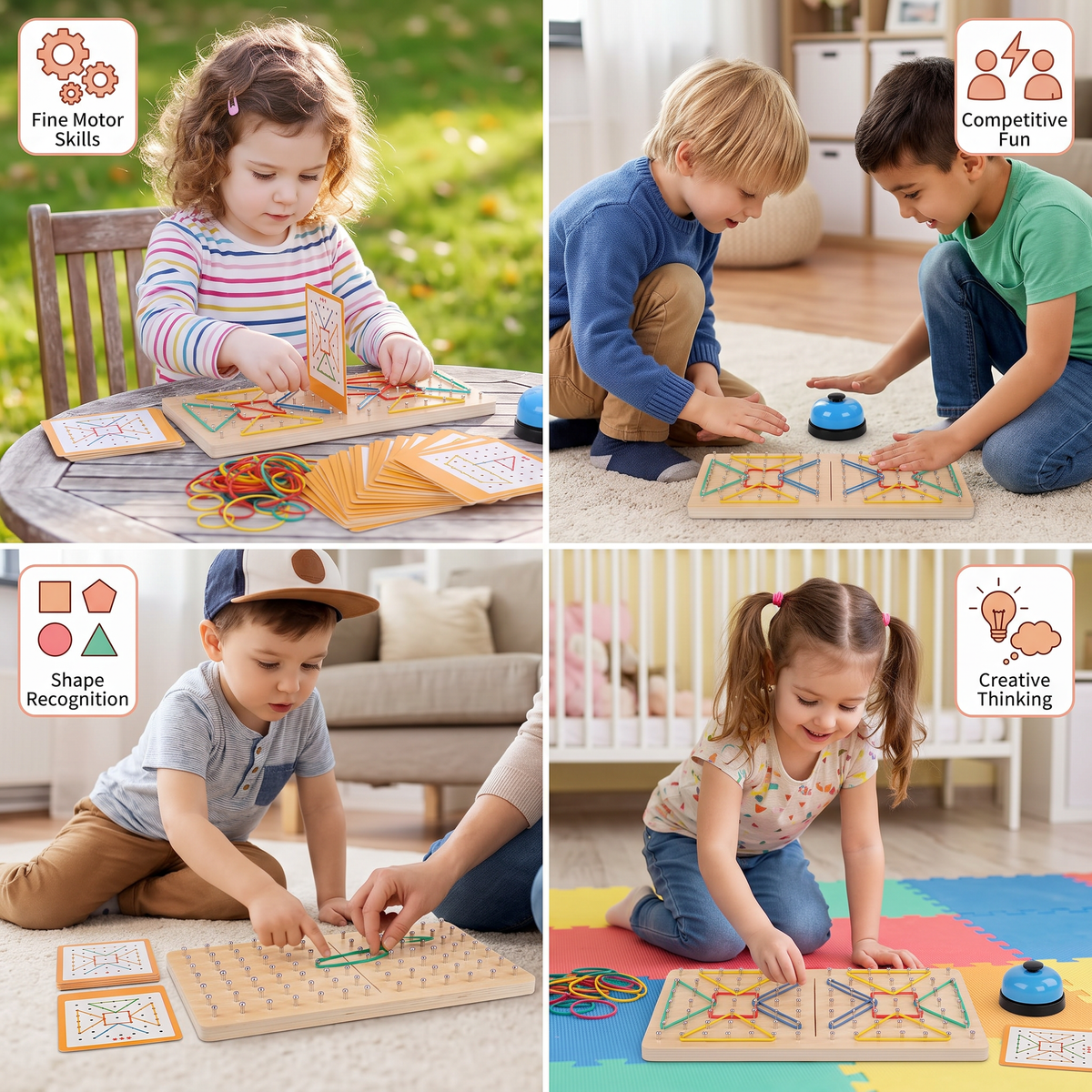 Montessori Wooden Geometry Battle Game with Colorful Rubber Bands