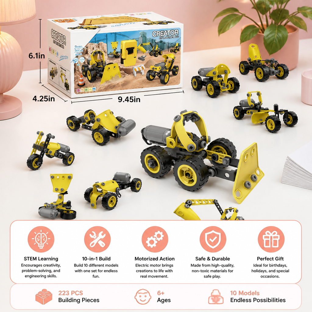10-in-1 Creative Electric Construction Truck Building Set for Kids