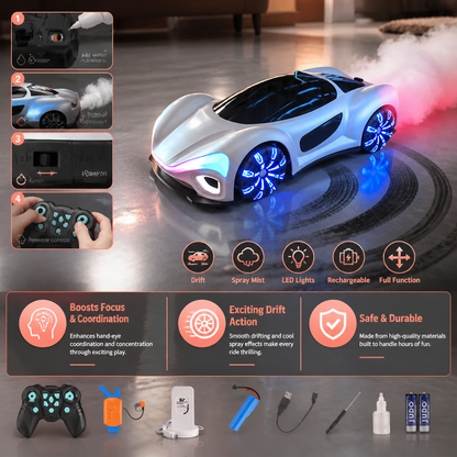 Light-Up RC Drift Car with Spray Effect & Charging Station