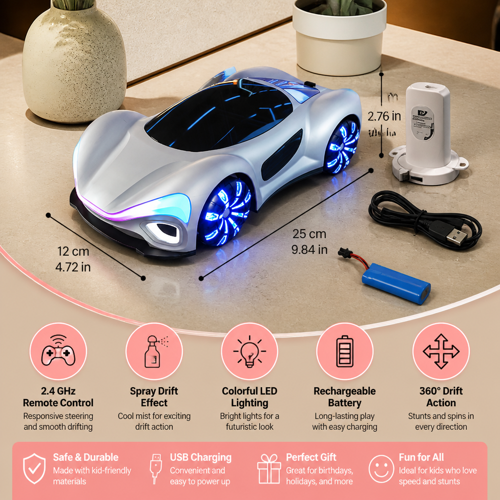 Light-Up RC Drift Car with Spray Effect & Charging Station