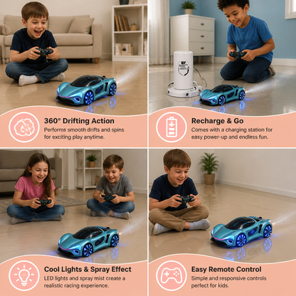 Light-Up RC Drift Car with Spray Effect & Charging Station
