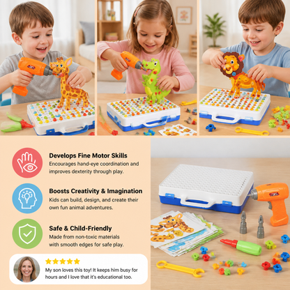 Safari Animal Building Block Set with Electric Toy Drill for Kids