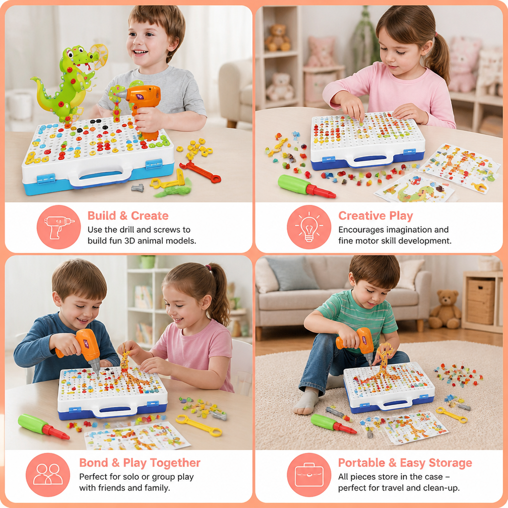 Safari Animal Building Block Set with Electric Toy Drill for Kids