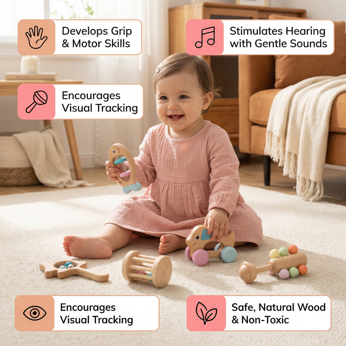 Wooden Baby Gift Set – Rattle & Musical Toy Set for Newborns