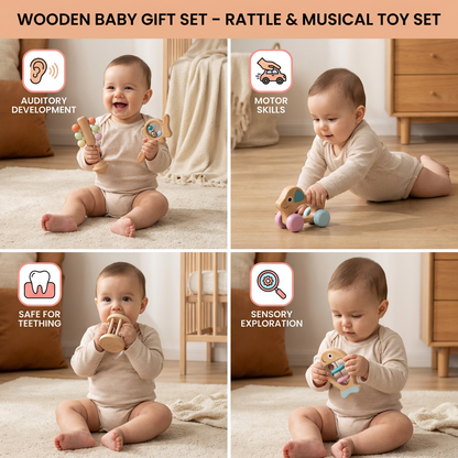 Wooden Baby Gift Set – Rattle & Musical Toy Set for Newborns