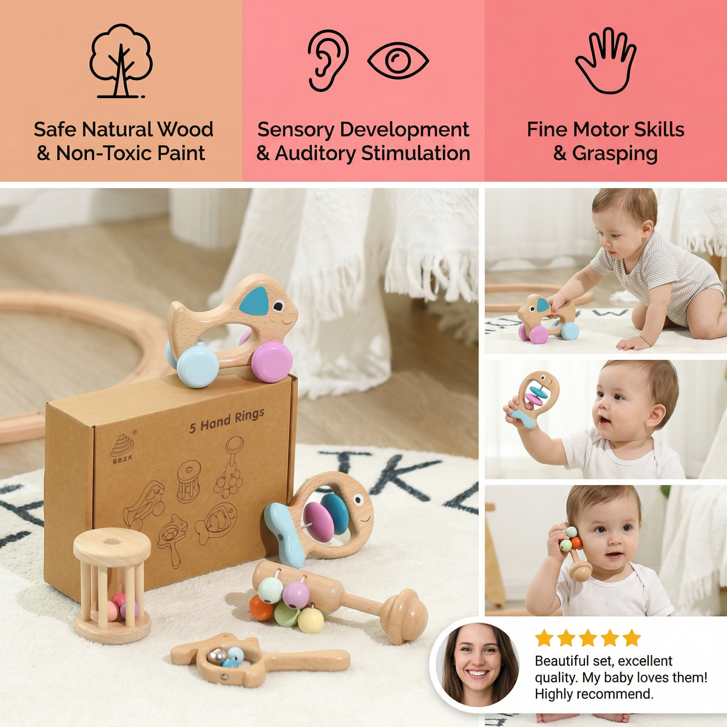 Wooden Baby Gift Set – Rattle & Musical Toy Set for Newborns