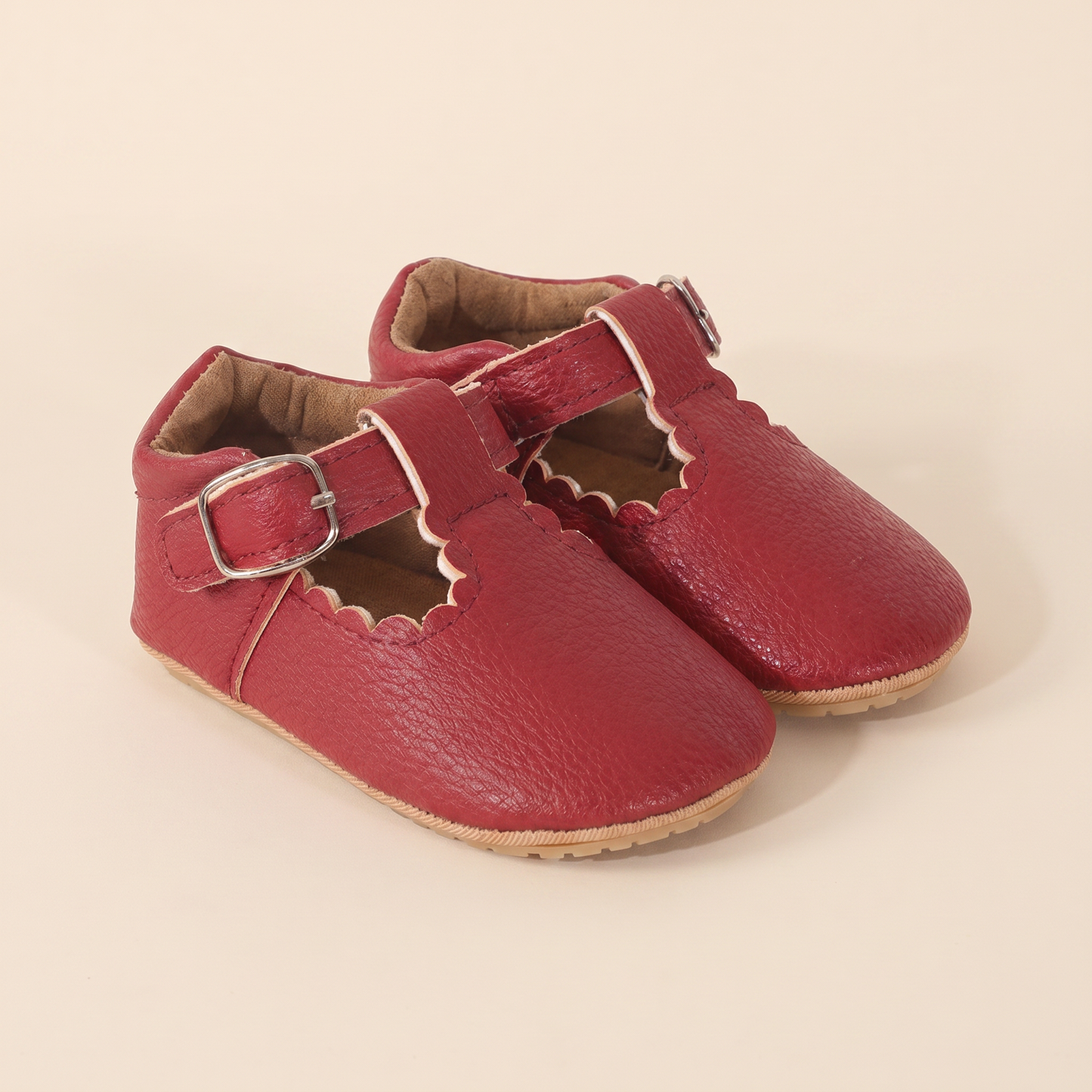 Scallop T-Strap Buckle Shoes