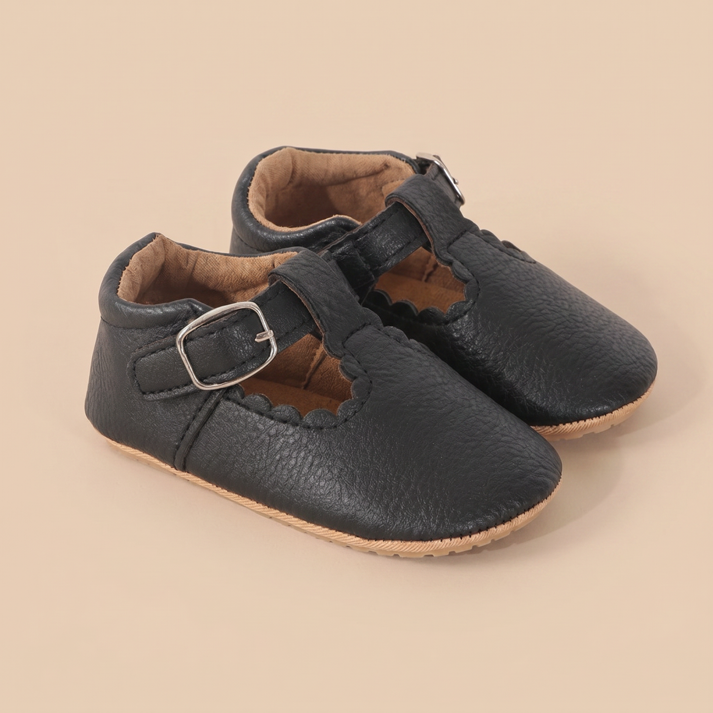 Scallop T-Strap Buckle Shoes