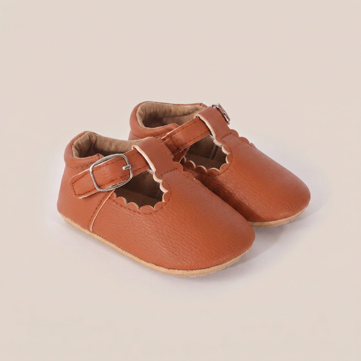 Scallop T-Strap Buckle Shoes