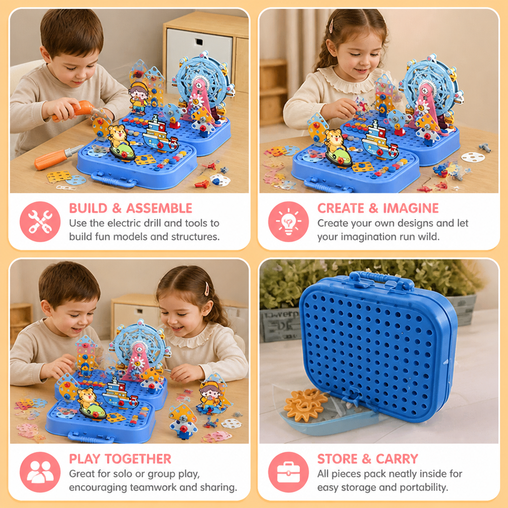 DIY Kids Engineering Tool Box with Building Board, Ferris Wheel & Electric Drill