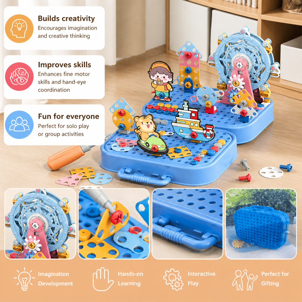 DIY Kids Engineering Tool Box with Building Board, Ferris Wheel & Electric Drill