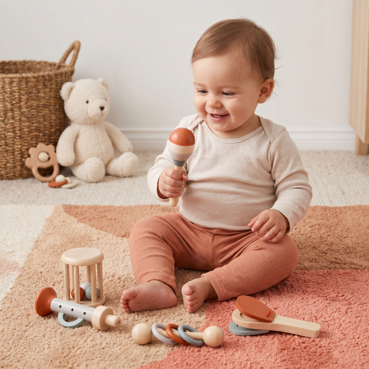 Montessori Wooden Baby Music Set – 5-Piece Sensory Rattle Toy Collection