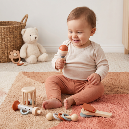 Montessori Wooden Baby Music Set – 5-Piece Sensory Rattle Toy Collection