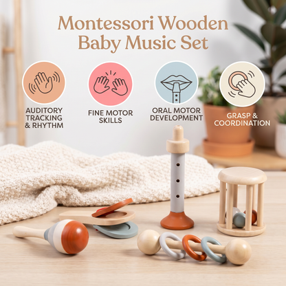 Montessori Wooden Baby Music Set – 5-Piece Sensory Rattle Toy Collection