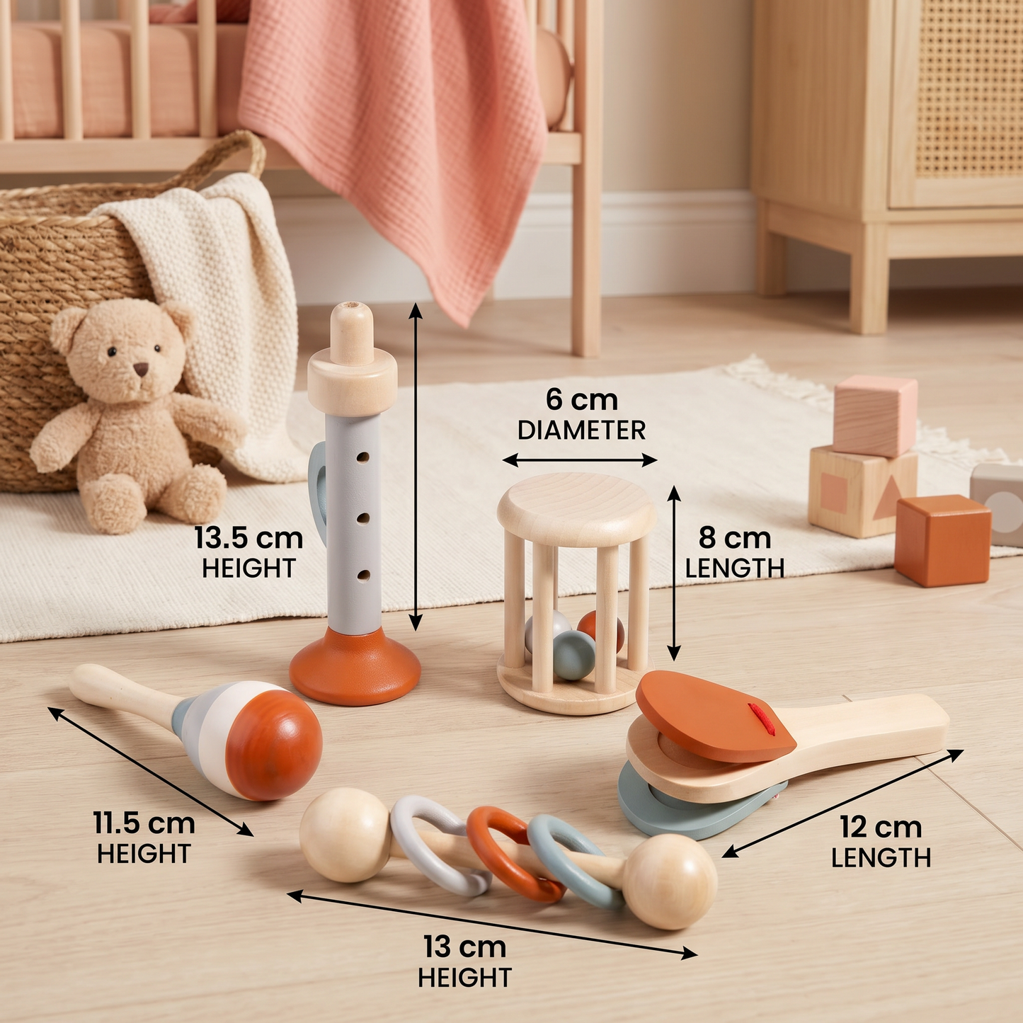 Montessori Wooden Baby Music Set – 5-Piece Sensory Rattle Toy Collection