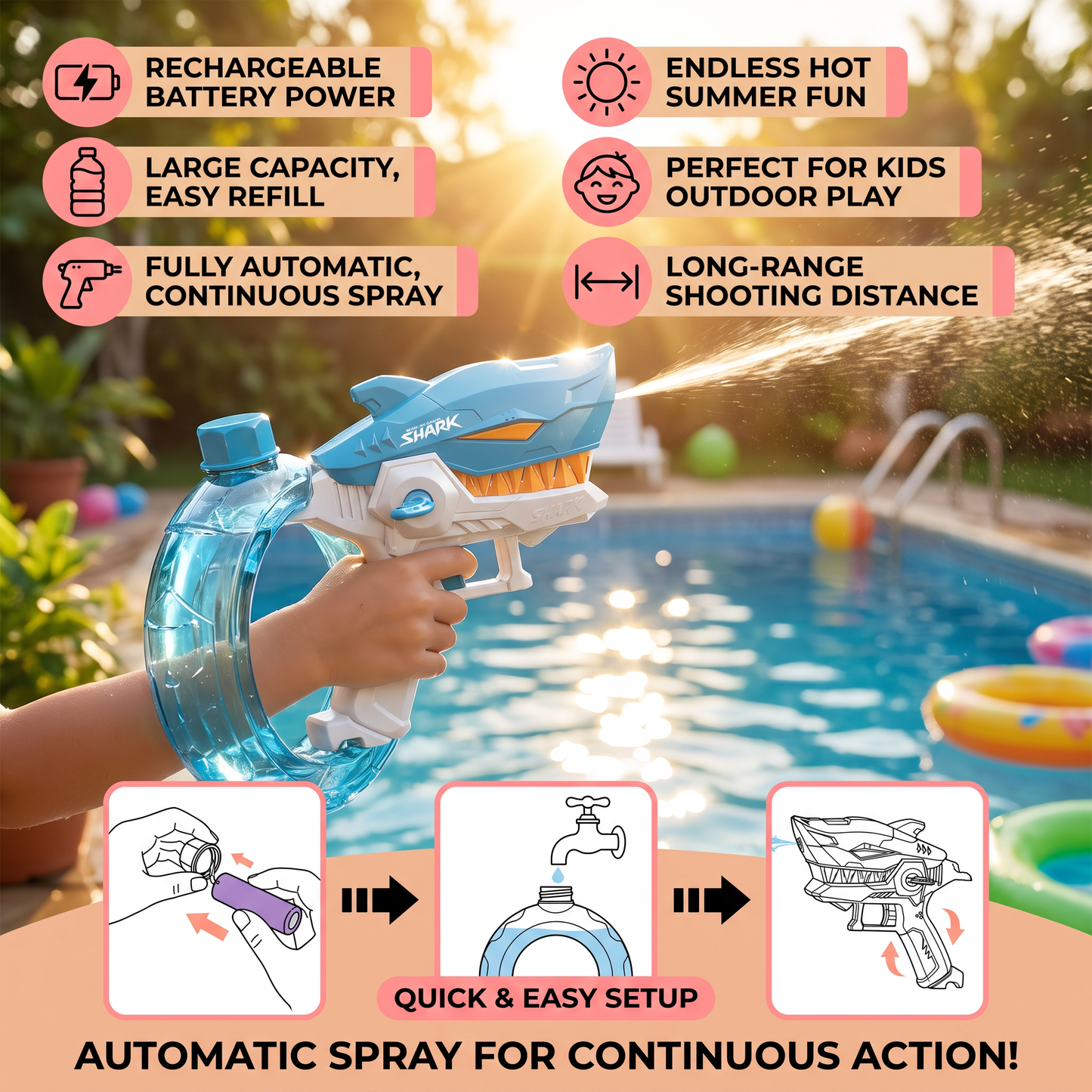 Electric Shark Water Gun for Kids – Fully Automatic Water Blaster for Hot Summer Fun
