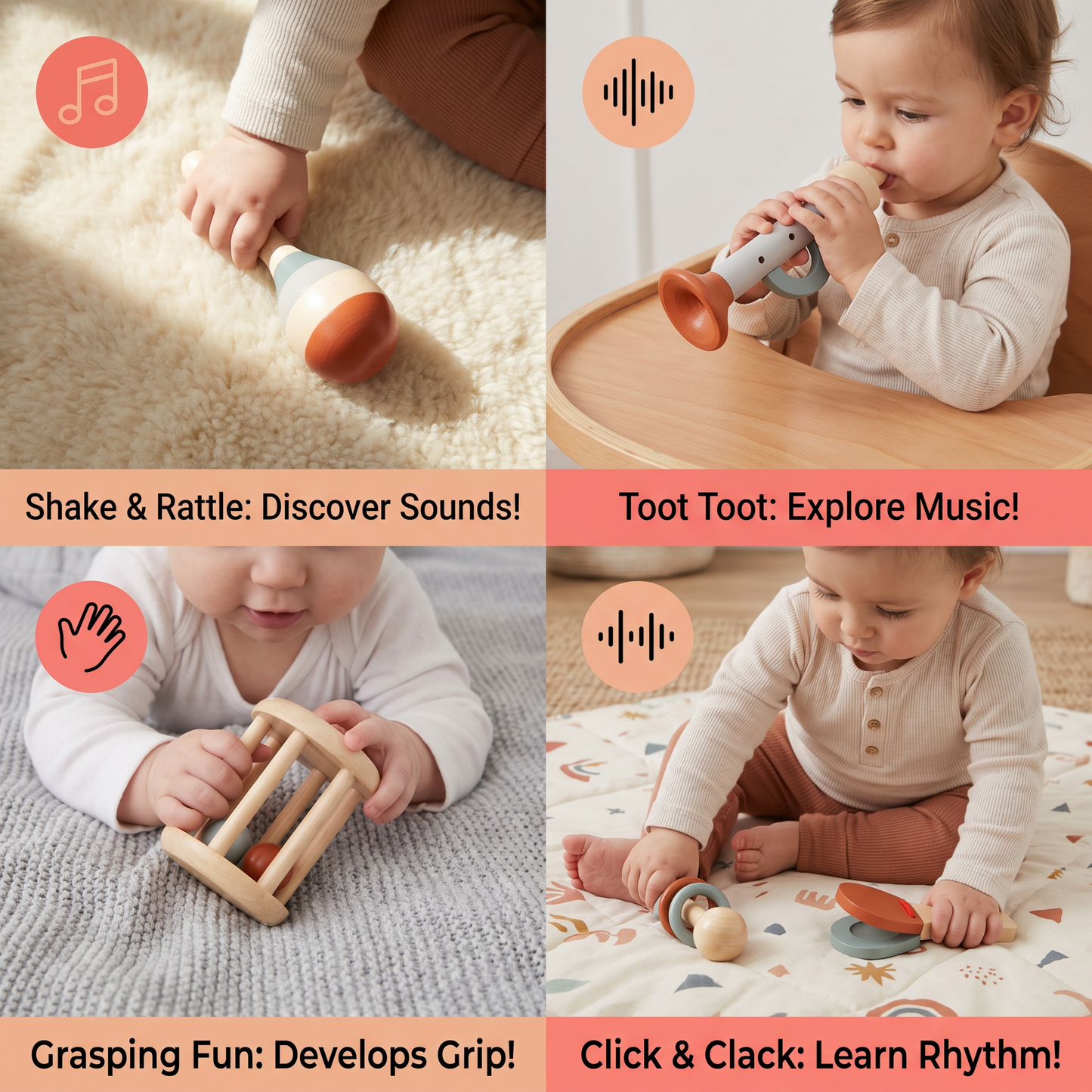 Montessori Wooden Baby Music Set – 5-Piece Sensory Rattle Toy Collection