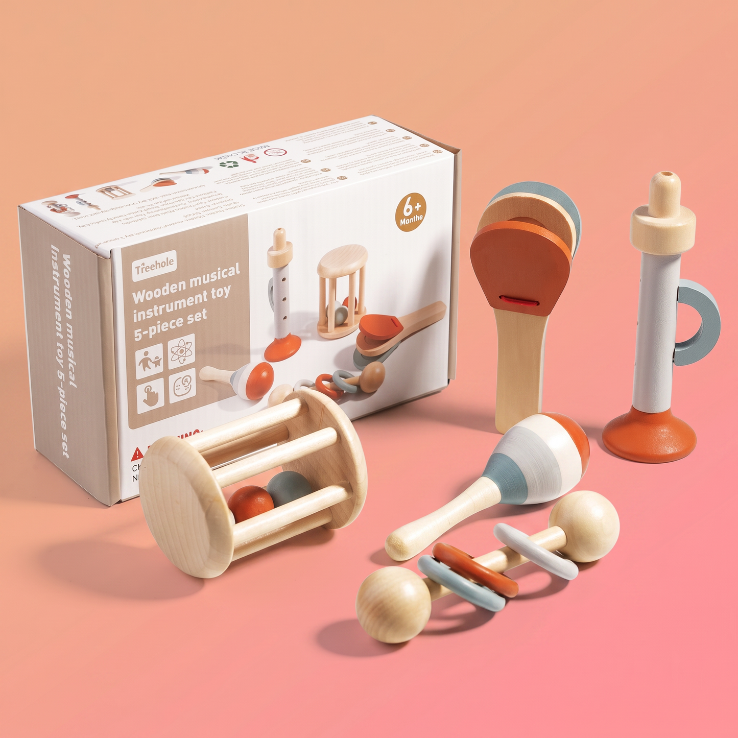 Montessori Wooden Baby Music Set – 5-Piece Sensory Rattle Toy Collection