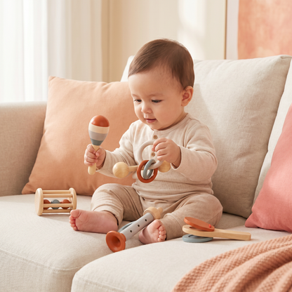 Montessori Wooden Baby Music Set – 5-Piece Sensory Rattle Toy Collection
