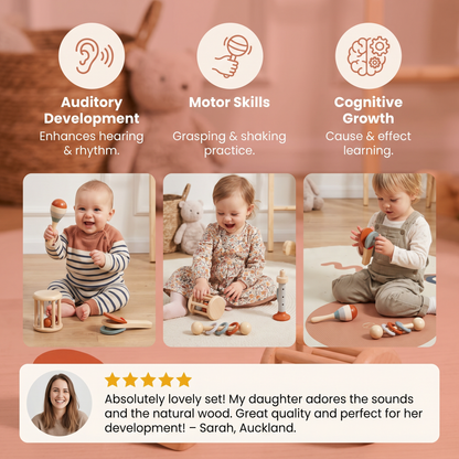 Montessori Wooden Baby Music Set – 5-Piece Sensory Rattle Toy Collection