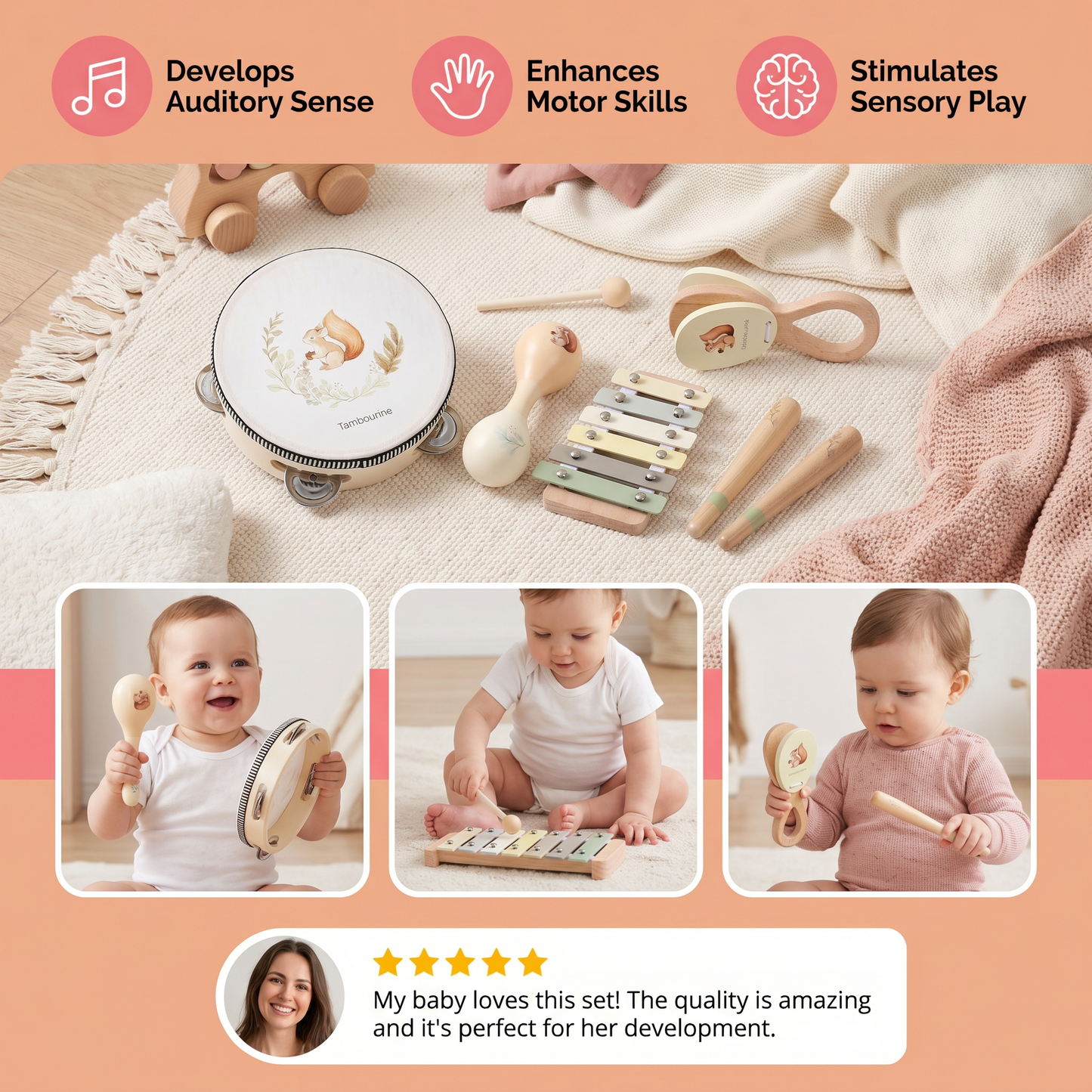 Montessori Wooden Musical Instruments Set for Babies – Sensory Learning Toy