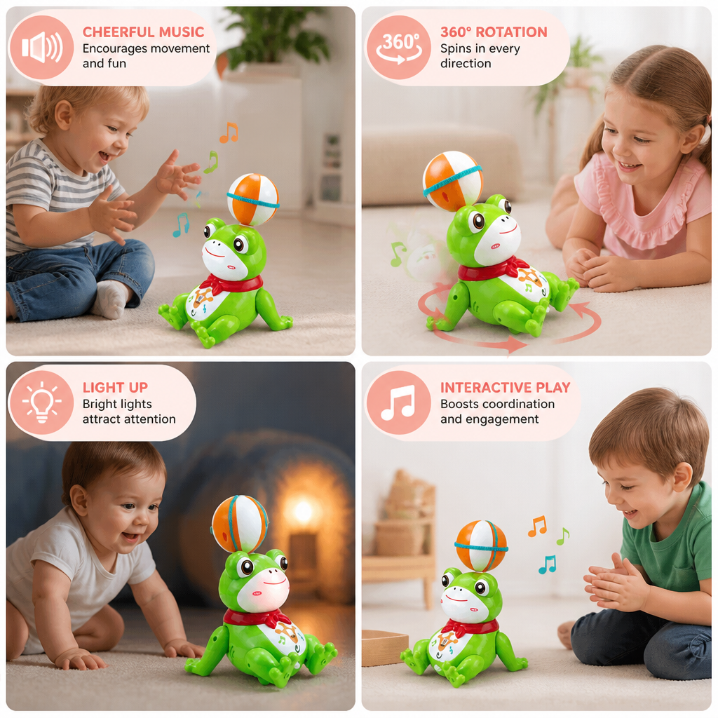Interactive Ball-Balancing Frog Toy with Lights, Music & 360° Rotation