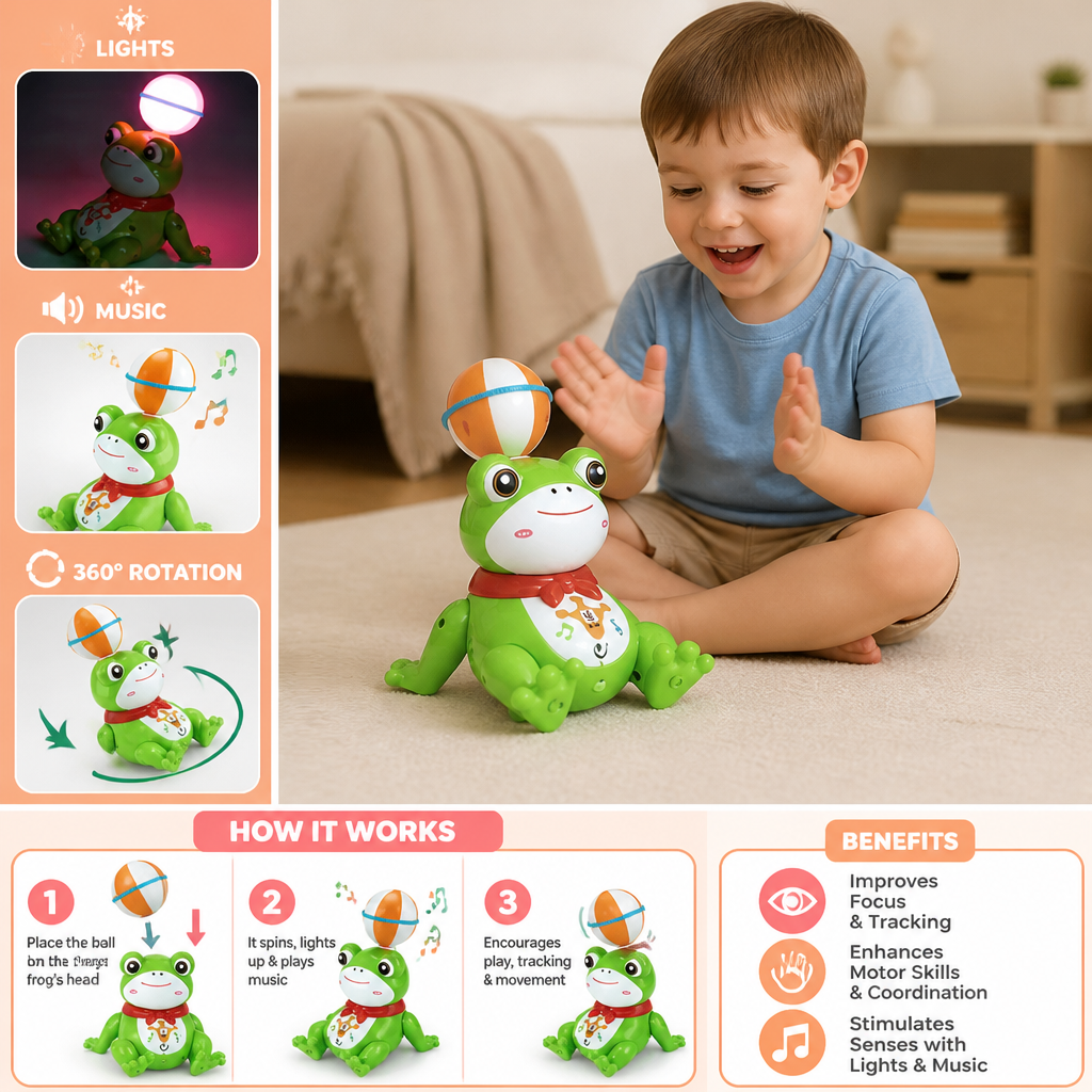 Interactive Ball-Balancing Frog Toy with Lights, Music & 360° Rotation