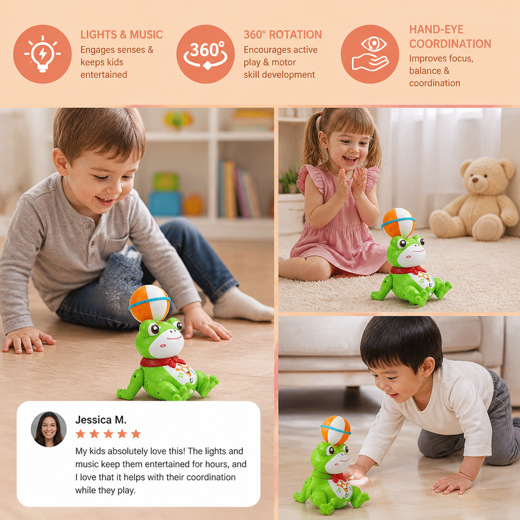 Interactive Ball-Balancing Frog Toy with Lights, Music & 360° Rotation