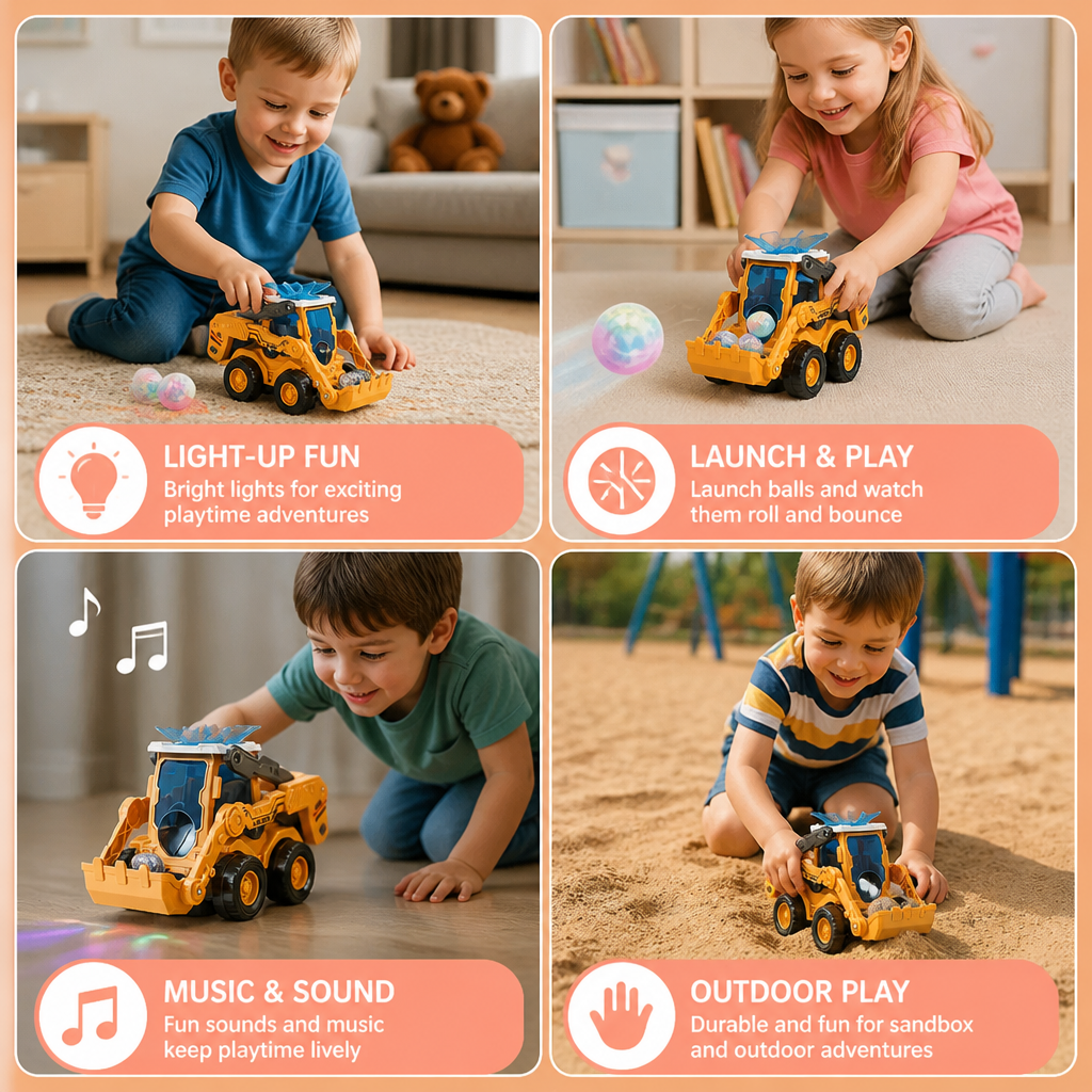 Interactive Light-Up Construction Bulldozer with Ball Launcher for Kids