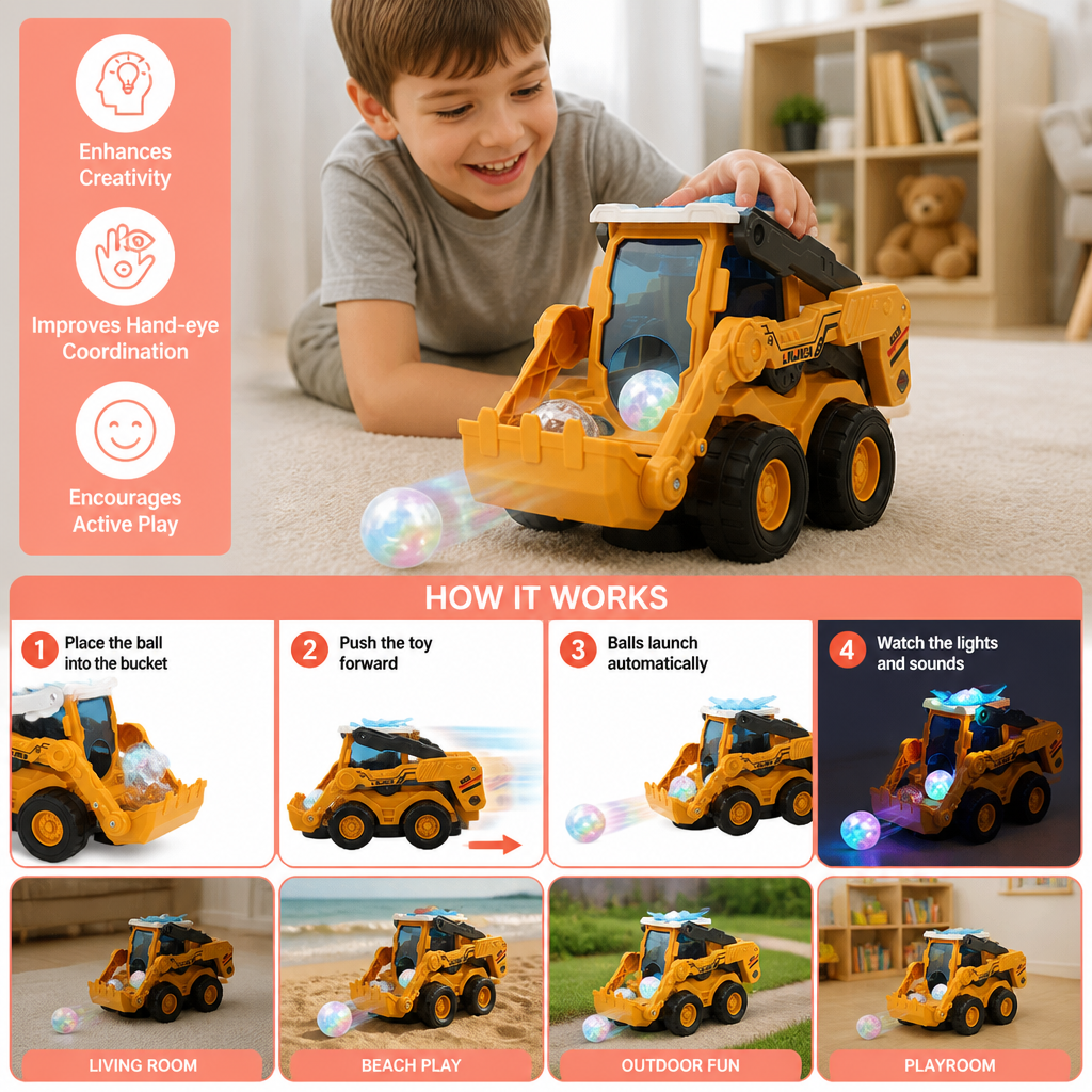 Interactive Light-Up Construction Bulldozer with Ball Launcher for Kids